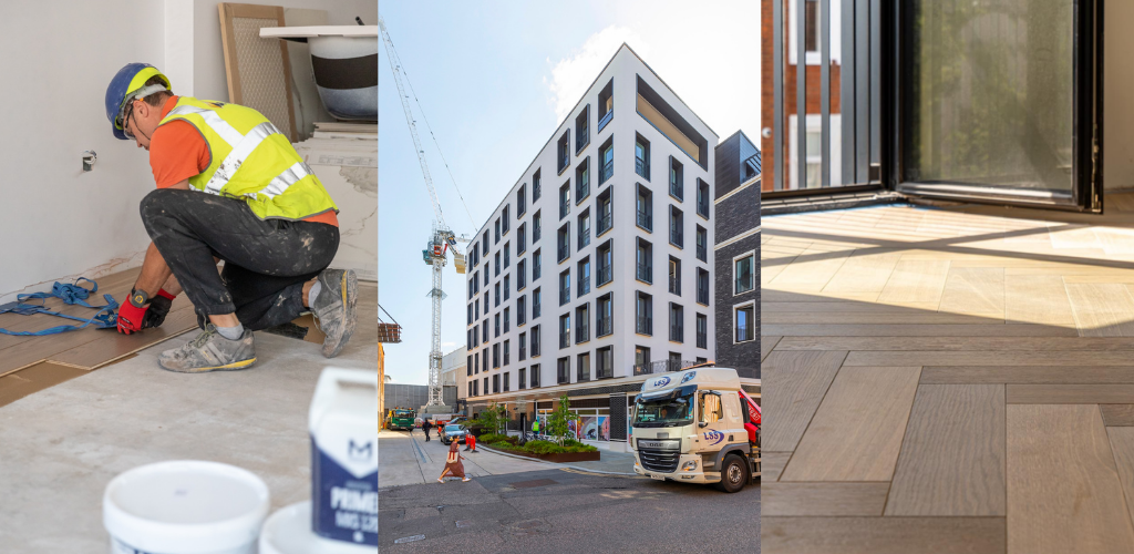 This image is split into 3 portrait images. The one on the far left shows a man in a high-vis vest laying wood flooring using Marldon adhesive. The middle image shows The Gaumont, a new building development. The third image shows light shining in through large windows onto the newly laid wood flooring.