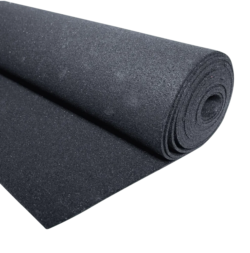 Rolled black rubber gym flooring mat on white background